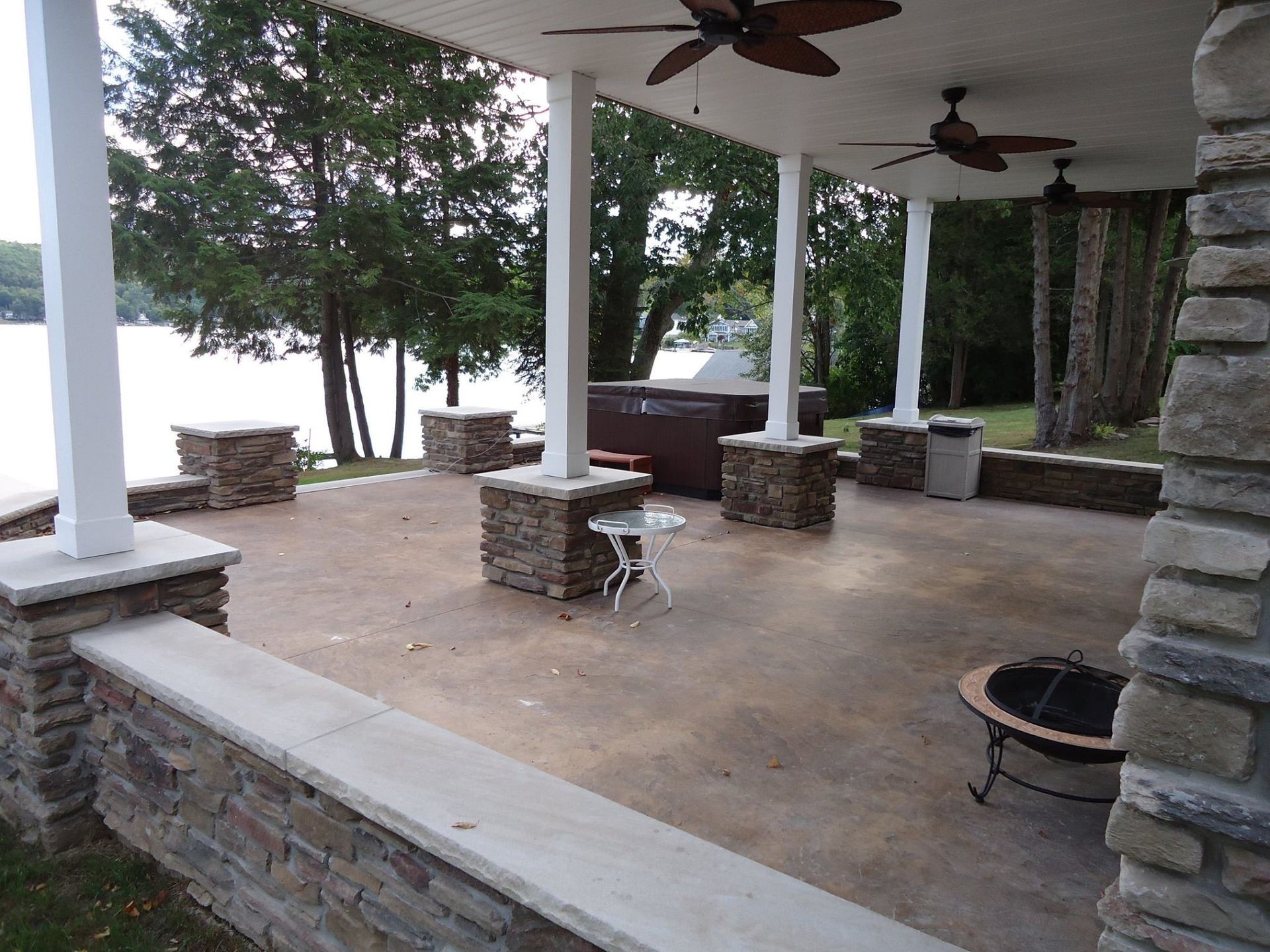 Stamped Concrete, Stone Veneer, Lime Stone Caps, Sitting Walls