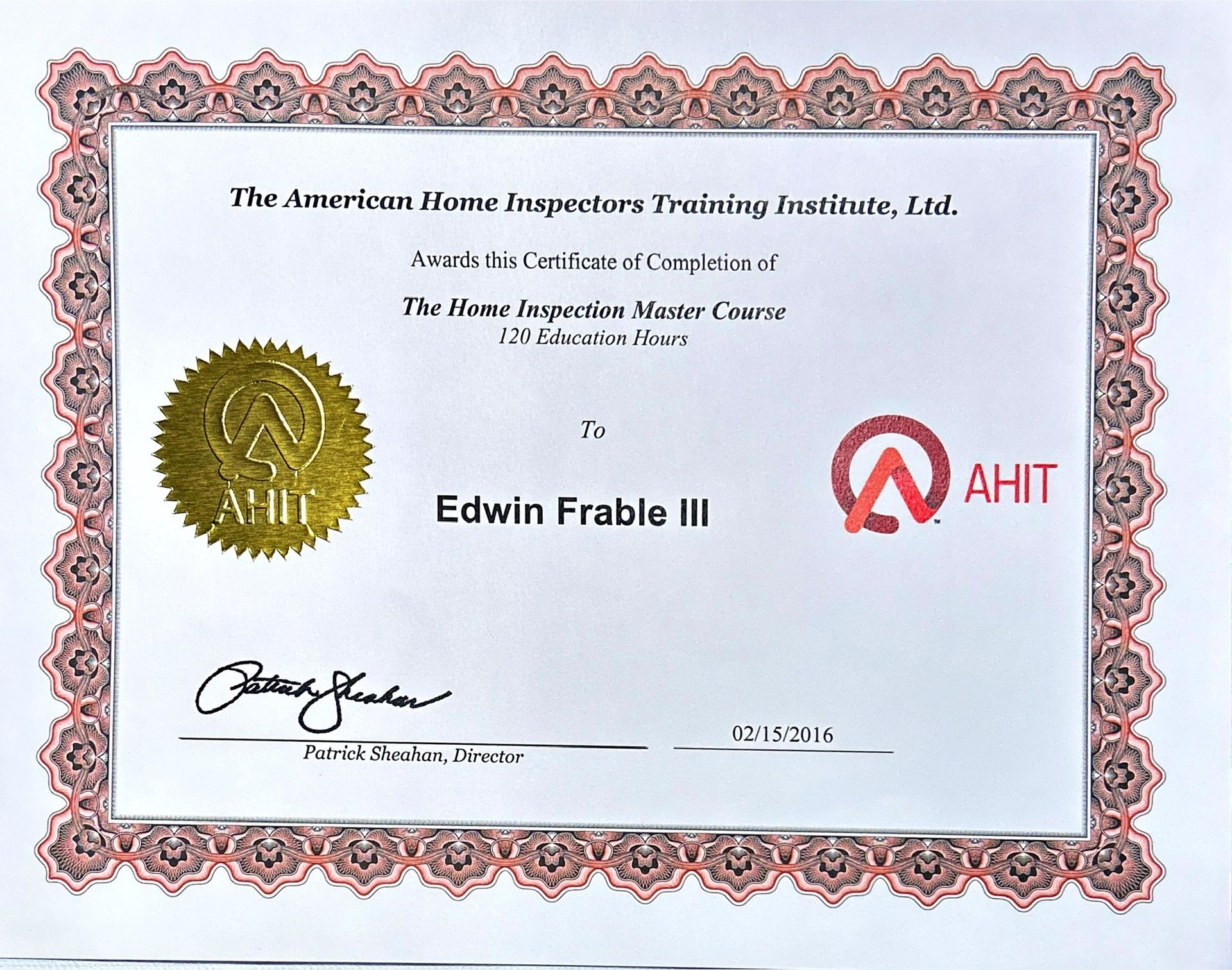 Ashli home inspector certification for Edwin frable lll