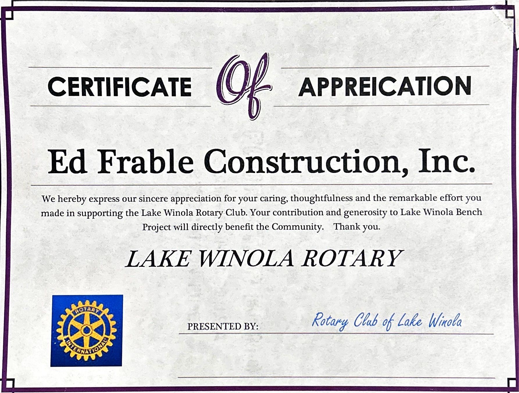 Lake Winola rotary thank you award